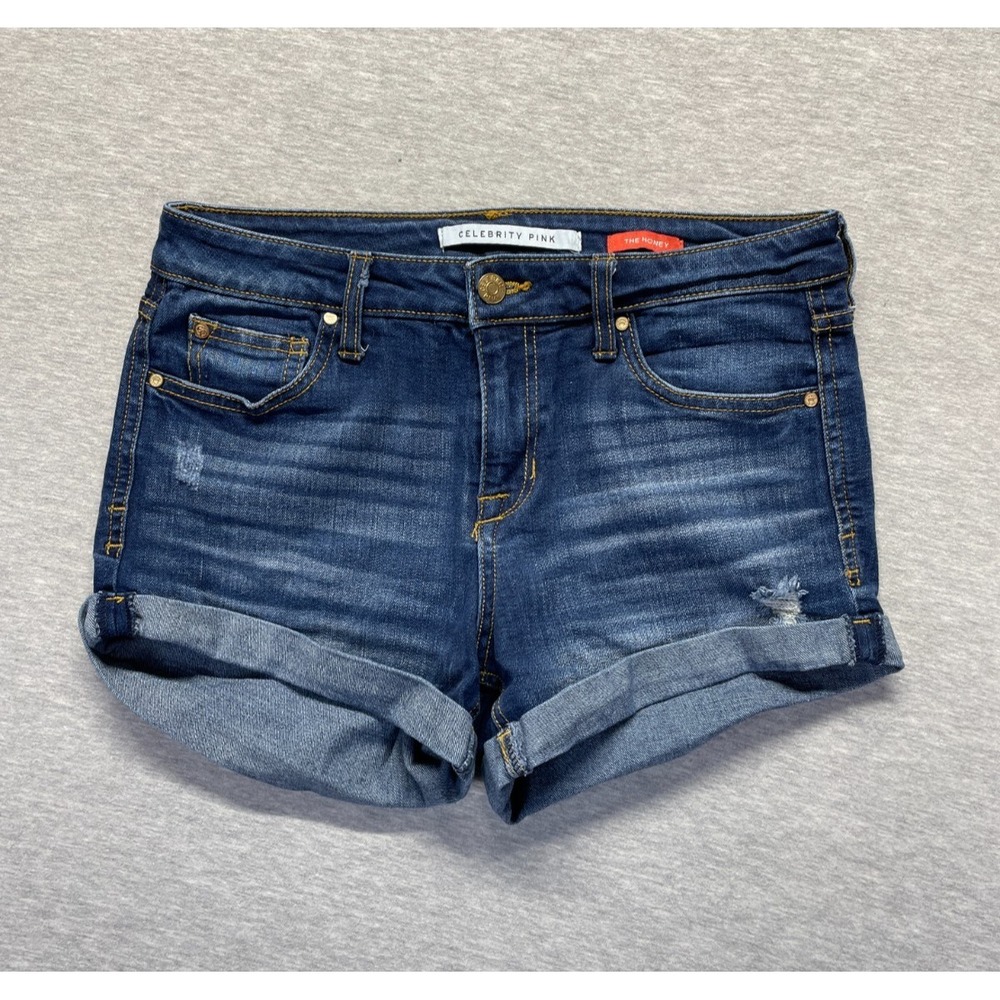 Celebrity Pink The Honey Shorts Women's 7/28 Blue Denim Cuffed Hem Distressed